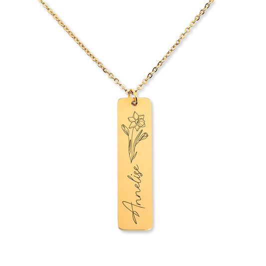 Personalized Name & Birthflower Bar Necklace
