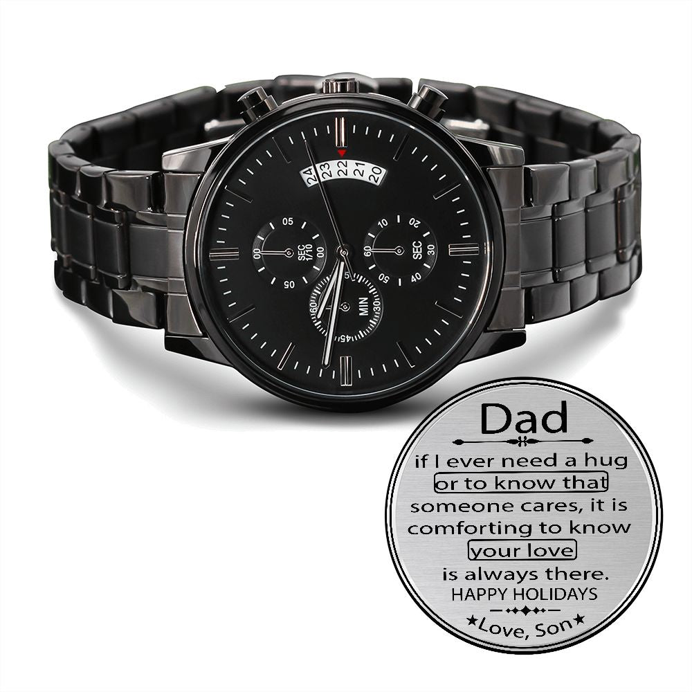 Holiday Gift for Dad, Christmas Gift for Bonus Dad, Gifts from Son, Engraved Design Black Chronograph Watch