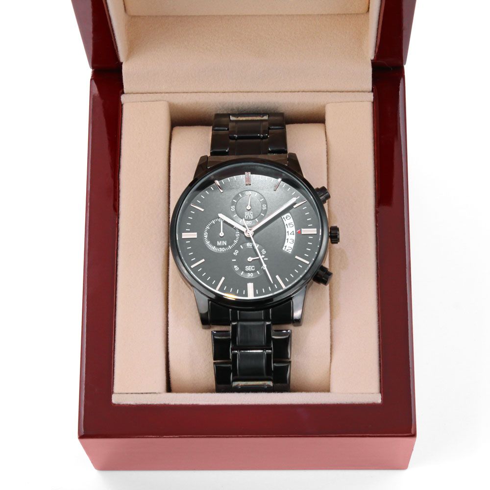 Holiday Gift for Dad, Christmas Gift for Bonus Dad, Gifts from Son, Engraved Design Black Chronograph Watch